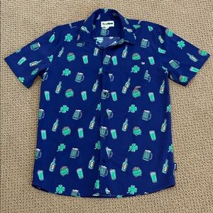 Tipsy Elves St. Paddy's Clover Button Down Short Sleeve Shirt XL Navy Blue Green